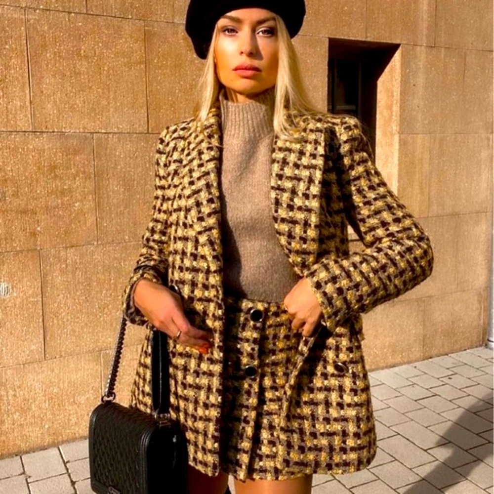 Tweed 2-Piece Set Plaid Double Breasted Blazer Female Slim High Waist Skort Suit - Picture 7 of 10